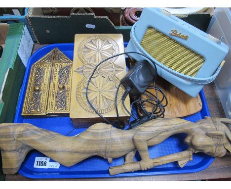 A Bali Carving of a Boy Blowing a Pipe, carved box with playing cards, Roberts radio:- One Tray.