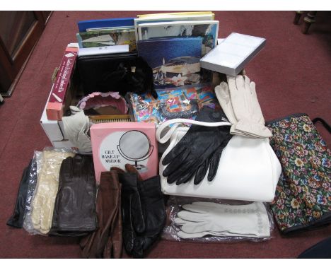 A Vintage Hilman Ladies White Handbag, ladies evening gloves, handkerchiefs, umbrella, etc:- One Box