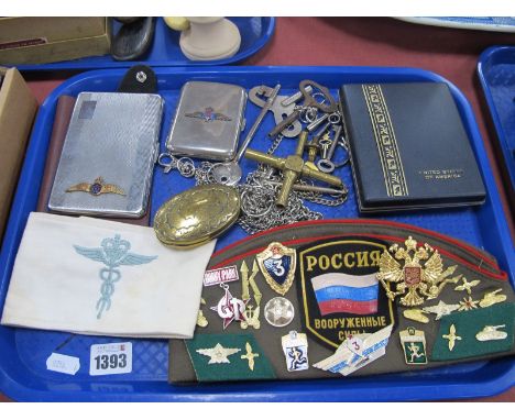 Russian Enamel Badges, RAF cigarette cases, oval brass snuff box, etc:- One Tray