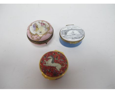 Halcyon Days and Crummles Trinket Boxes, earlier example featuring regency couple, 5cm diameter. (3)