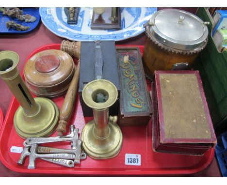 A 1930's oak Biscuit Barrel, oak gavel and wood block , brass adjustable candlesticks, dominoes, playing cards, etc, toffee h