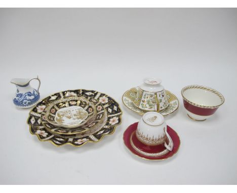 Three Royal Crown Derby Imari Plates, 'Green Derby Panel' cup and saucer, Blue and White cream jug, Worcester ware:- One Tray