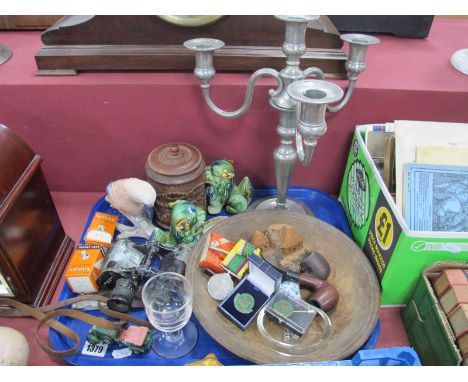 Three Branch Pewter Candelabra, pipes, turned bowl, carved Indian jar-cover, Military binoculars 6 x 30 (Crown Optical Comp U