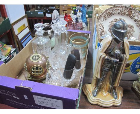 A Claret Jug, decanters, other glassware, copper model divers helmet, spectacles:- One Box. Iron Knight companion stand.