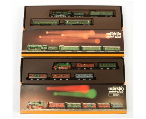 Marklin Mini-Club Z Gauge sets with Ref 8104 Tank Passenger Set 2-6-0 Tank Loco, green No.7777 together with 5 x 6-wheeled Pa