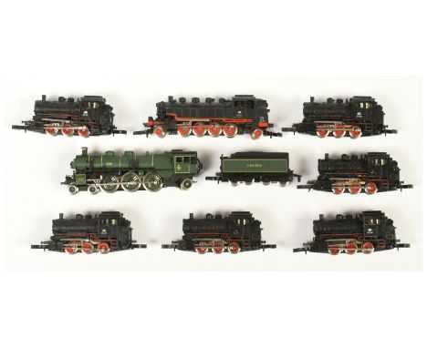 Marklin mini-club Z Gauge group of DB and other steam outline locomotives consisting of 0-6-0 class 89 *6, 2-8-2 Tanl Loco cl