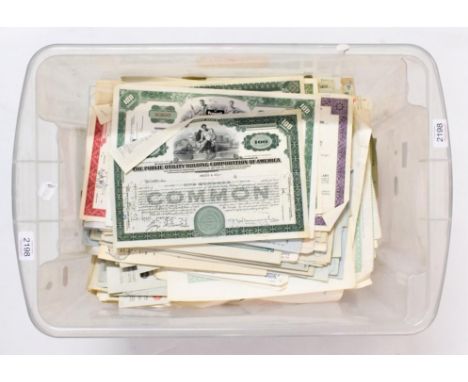Share Certificates and Share Transfer Certificates - A large plastic box with several hundred items. Including attractive USA