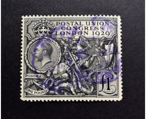 1929 PUC £1 Fine Used but with a light blue parcel cancel, short corner perf. bottom right. Cat value £550  