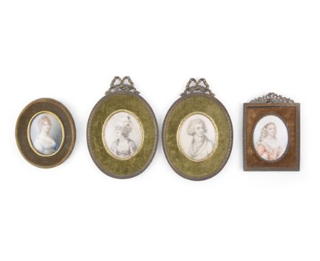 A PAIR OF PORTRAIT ENGRAVINGS OF A LADY AND GENTLEMAN, contained in oval brass frames with ribbon tied cresting; together wit