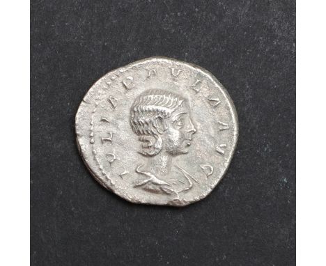 A silver denarius, obverse with draped bust r. Reverse Concordia standing seated l. holding a patera. 3.31g. Wife of Elagabal