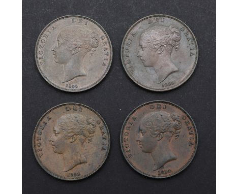 A Queen Victoria pennies, young head l. dated 1854, reverse with seated figure of Britannia. Similar 1854, with plain and orn
