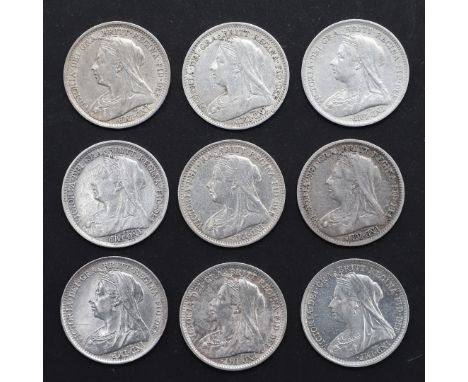 Six Queen Victoria threepence, older veiled bust l.: 1893, 1894, 1895, 1896, 1897, 1898, 1899, 1900 and 1901. 9 coins. *CR Ni