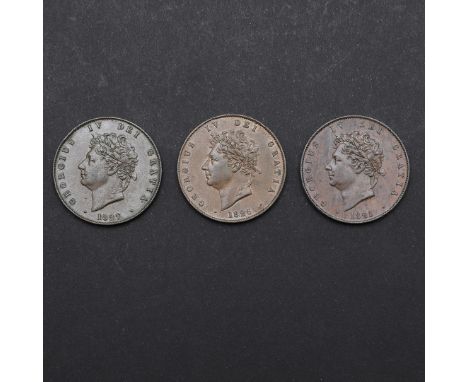 George IV Halfpenny laureate head l. dated 1825, reverse seated figure of Britannia with shield bearing saltire. Similar for 