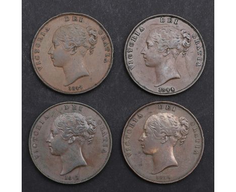 Four Queen Victoria pennies, young head l. dated 1844, reverse with seated figure of Britannia. Similar 1845 and 1847 with cl