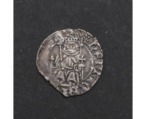A Henry VII sovereign type penny, with seated portrait on a throne, throne with one pillar and Crozier to the right, reverse 