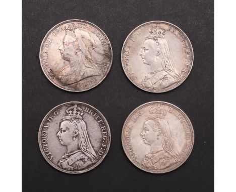 Queen Victorian, Crown, jubilee bust l. reverse George and the Dragon, dated 1887. Similar for 1889, 1892 and 1897. 4 coins. 