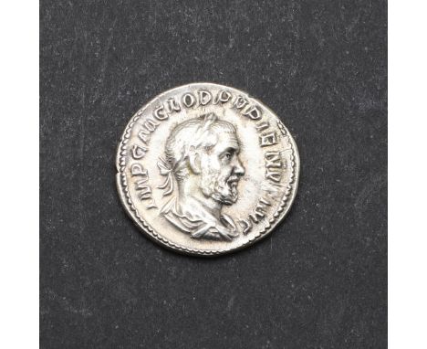 A silver denarius, obverse with laureate bust r. Reverse Pax Publica with seated figure of Pax holding an olive branch and sc