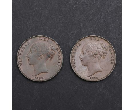 Two Queen Victoria pennies, young head l. dated 1859, reverse with seated figure of Britannia, with large and small dates. 2 