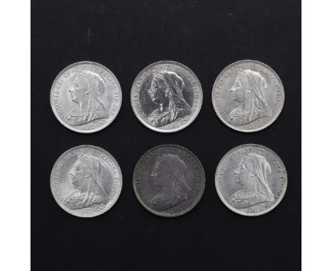 Six Queen Victoria sixpence, older veiled bust l.: 1896, 1897, 1898, 1899, 1900 and 1901. 6 coins. *CR Nice crisp examples wi