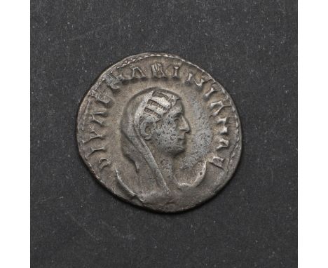 A billon Antoninianus. Obverse veiled and draped bust of Mariniana resting on a crescent r. Reverse peacock standing facing C