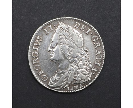 George II Halfcrown, old laureate and draped bust l. with Lima below the bust, reverse with cruciform shields, dates 1745, ri