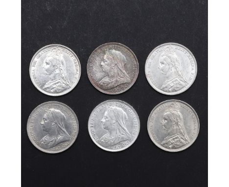 Six Queen Victoria sixpence, jubilee bust l., reverse with crown above value: 1890, 1891, 1892, older veiled bust l.: 1893, 1