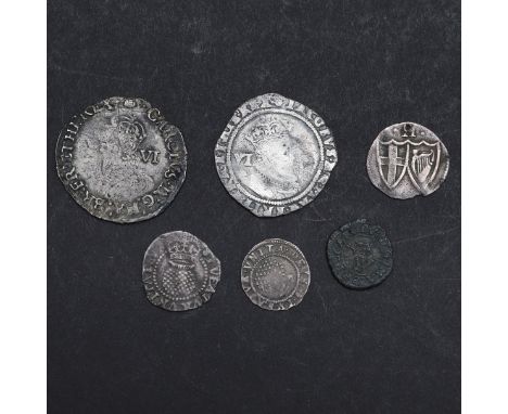 A James I hammered sixpence, possibly 1604, VI behind crowned bust r. halfgroat, rose and thistle issue and similar penny, mm