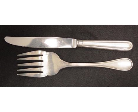 Christofle France serving knife &amp; fork set each marked, in a Christofle box, (length 22cm and 24cm approx).