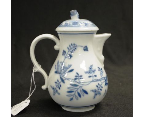 Meissen blue &amp; white painted coffee pot painted blue and white blossom decoration, applied blossom decoration finial to l