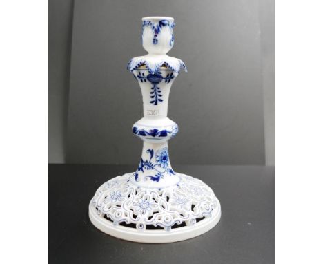 Meissen blue &amp; white painted candlestick hand painted blue and white decoration to column and pierced circular base, mark