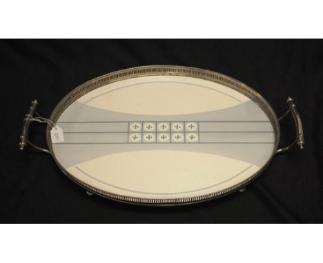 Art Deco German ceramic &amp; silver plate tray oval shaped serving tray, with decorated central ceramic base, to silver plat