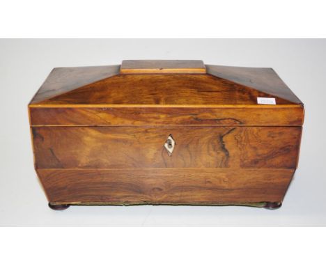 Antique wood cased tea caddy sepulchre shape wooden tea caddy, lid opening to fitted interior, with 2 lidded compartments, (h