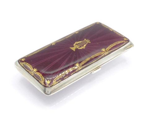 Antique enamel &amp; silver cigarette case (lyre) marked German 935 marks. Approx size 8.5 x 4.5cm, weight 85 grams