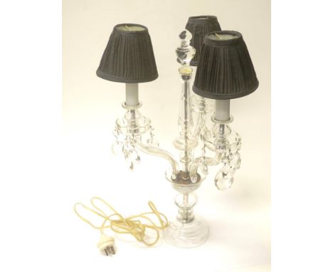 Three branch crystal candelabra table lamp height 51.5cm approx