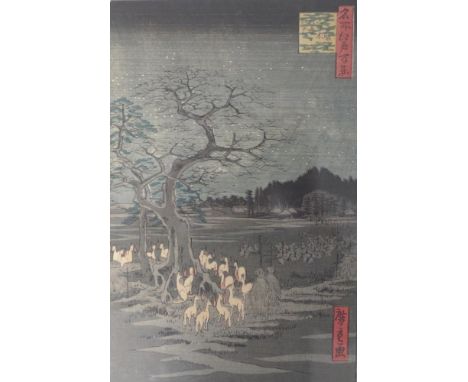 Utagawa Hiroshige (1797-1858) Fire breathing foxes under Enoki trees , coloured woodblock , signed in print , 28cm x 18cmNo 1