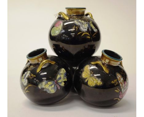 Victorian decorated ceramic ball vase comprising  conjoined four piece hand painted butterfly decorated vases, (height 14cm a