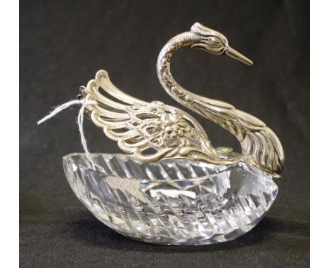 Silver and cut crystal swan trinket dish marked 800, width 13.5cm approx
