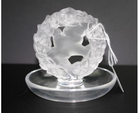 Lalique 'Wreathed Dove' crystal ring stand inscribed to base, (height 10cm approx).
