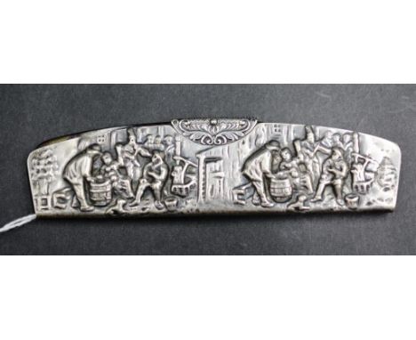 Dutch decorated silver cased hair comb silver backed 'tortoiseshell' colour hair comb, in silver case, decorated with figures