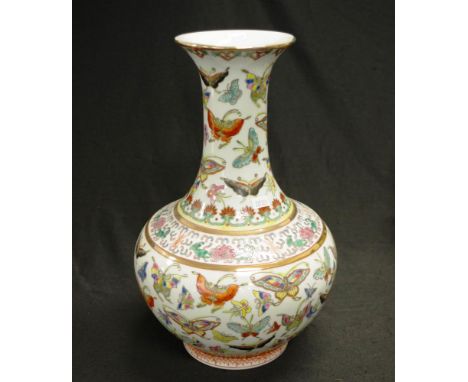 Chinese painted butterfly decorated vase painted butterfly decorated ceramic vase, character mark to base, (height 36cm appro