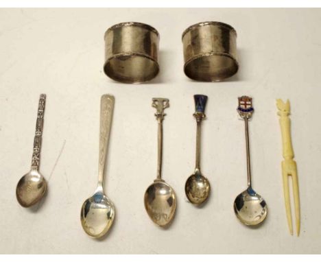 Five silver tea / coffee spoons &amp; a Mexican silver serviette ring, 62 grams approx (total), together with an Eastern carv