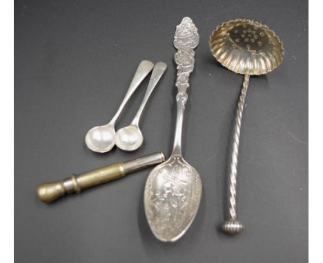 Three various sterling silver spoons etc including: Sheffield 1897 salt spoon; Sheffield 1910 salt spoon; Birmingham 1908 dec