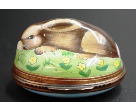 Halcyon Days enamel rabbit bonbonniere enamel rabbit decorated lidded box, marked to interior, (length 5cm approx).