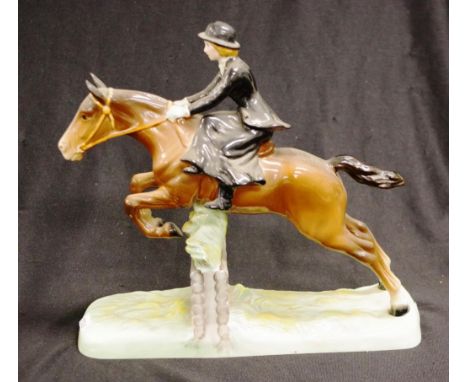 Beswick Huntswomen, riding the jumping horse on side saddle figure group, model 982, 28cm wide, 25.5cm high approx (restored)