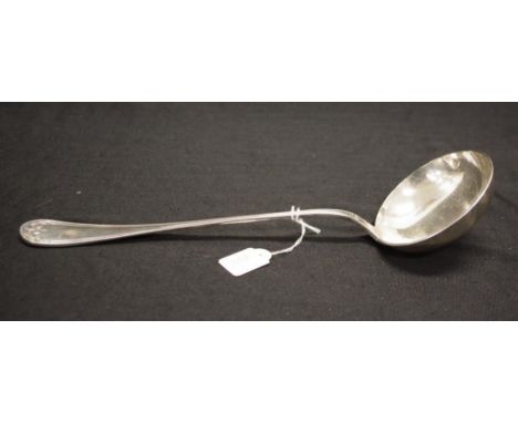 Christofle France silver plate soup ladle embossed decoration to handle, marked to bowl, (length 32cm approx).