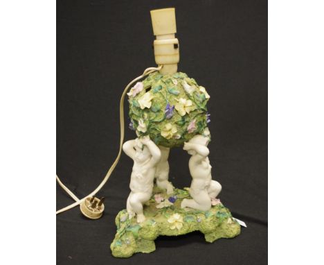 Victorian cherub &amp; flower encrusted lamp base by Thomas Bevington, Hanley, C:1890. height 35cm approx. some losses to flo