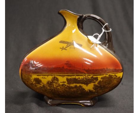Royal Doulton Kingsware 'Sydney  Harbour' flask depicting an aeroplane flying over Sydney Harbour, circa 1913, marked verso f