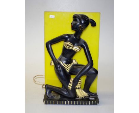 Barsony figural electric retro table lamp with yellow perspex sheet shade, height 38cm approx