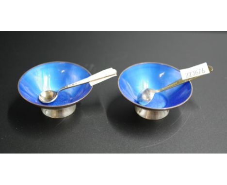 Danish Sterling silver and blue enamel salts with two Danish enamel salt spoons