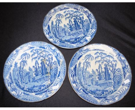Set three Georgian Swansea blue &amp; white soup plate each with figural decoration in early architectural location, (1 plate